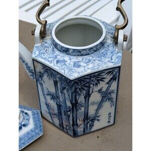 Vintage Asahi Japan Blue White Bamboo Printed Lg Teapot With Lid